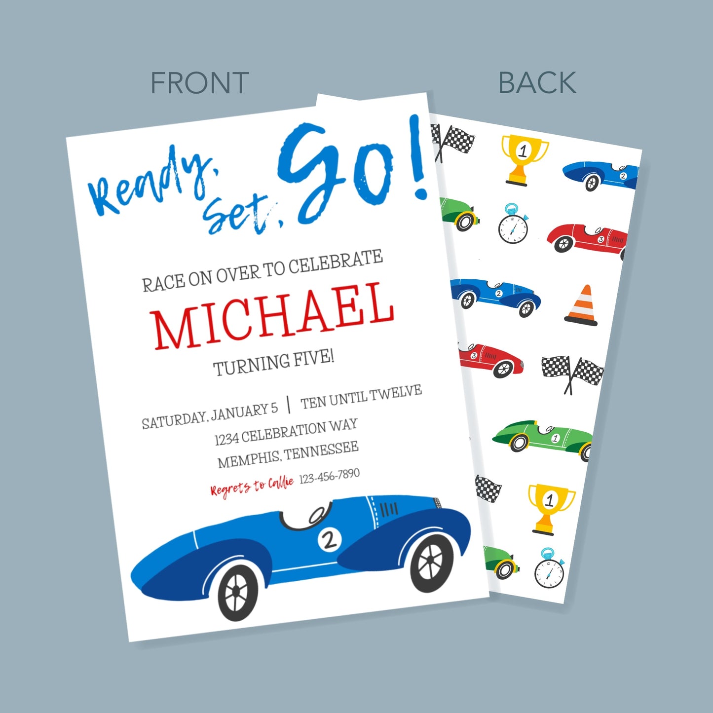 Blue Race Car Invitation Set