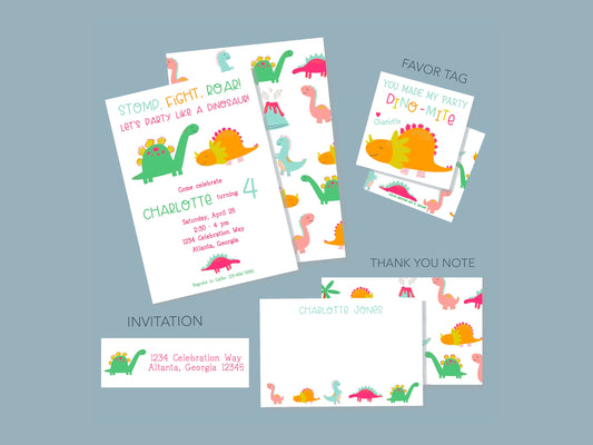 Girl Dinosaur Invitation Set