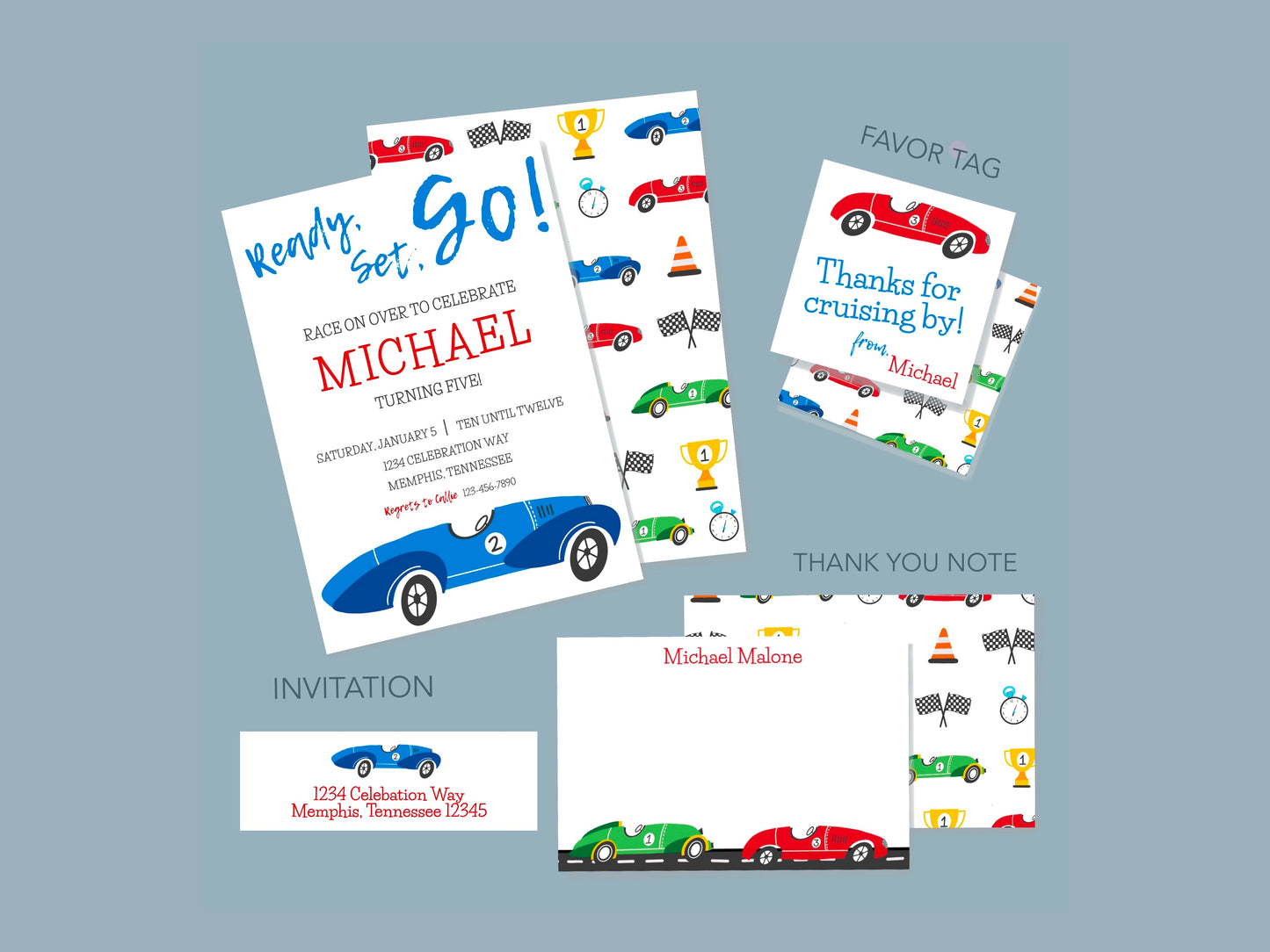 Blue Race Car Invitation Set