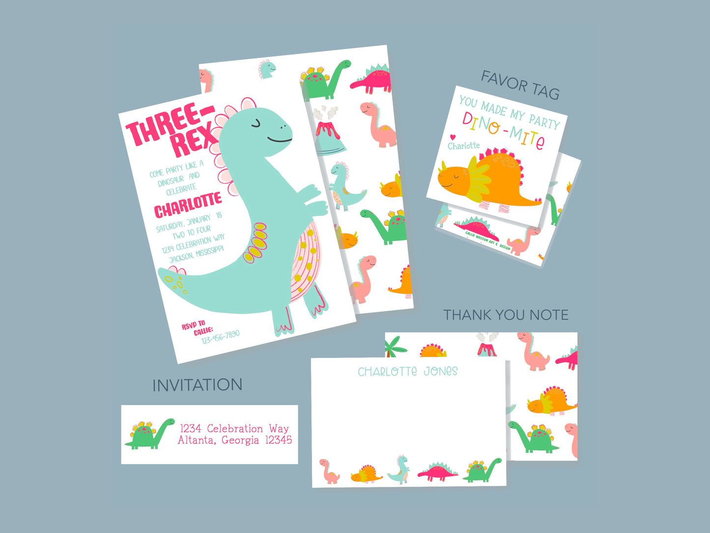 Baby Blue T-Rex Invitation Set