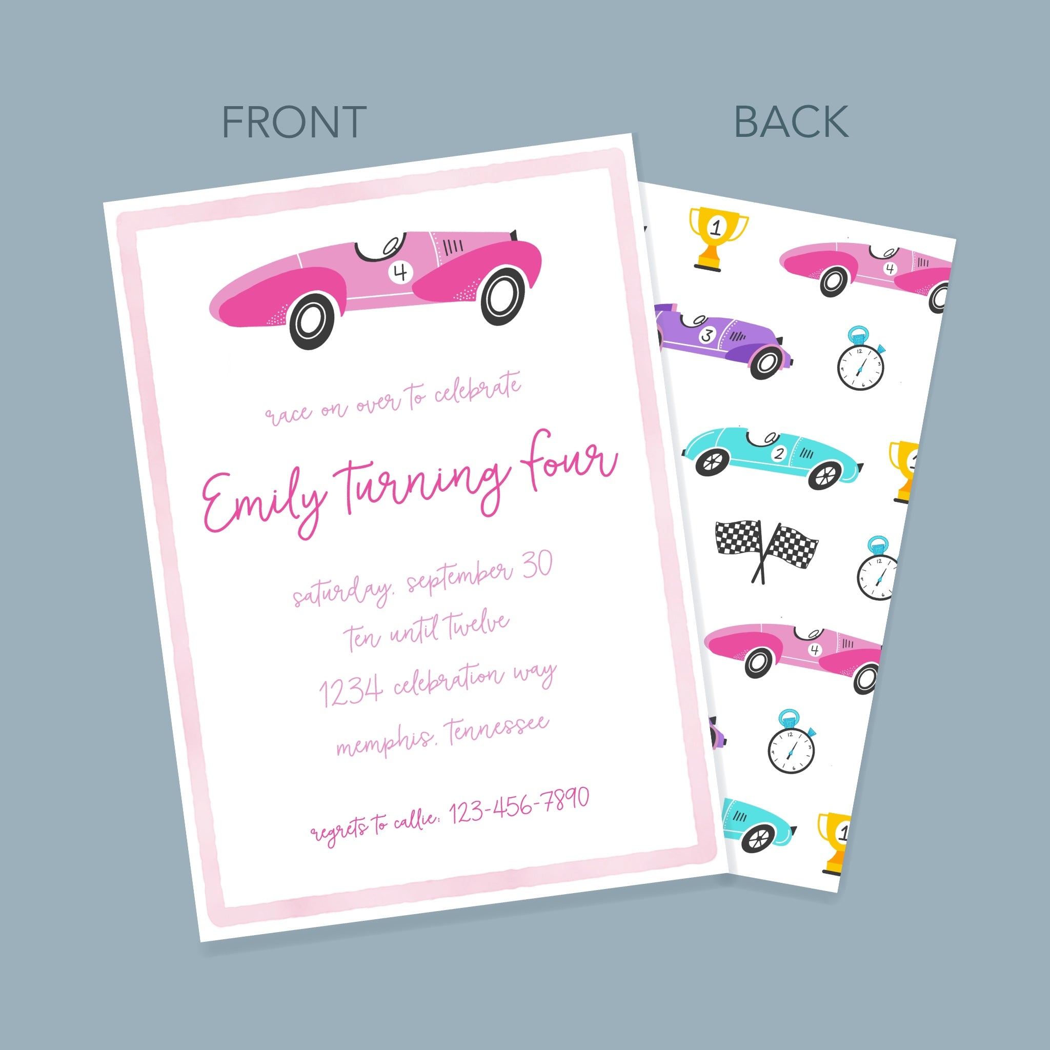 Pink Race Car Invitation – Callie Wesson Art and Design